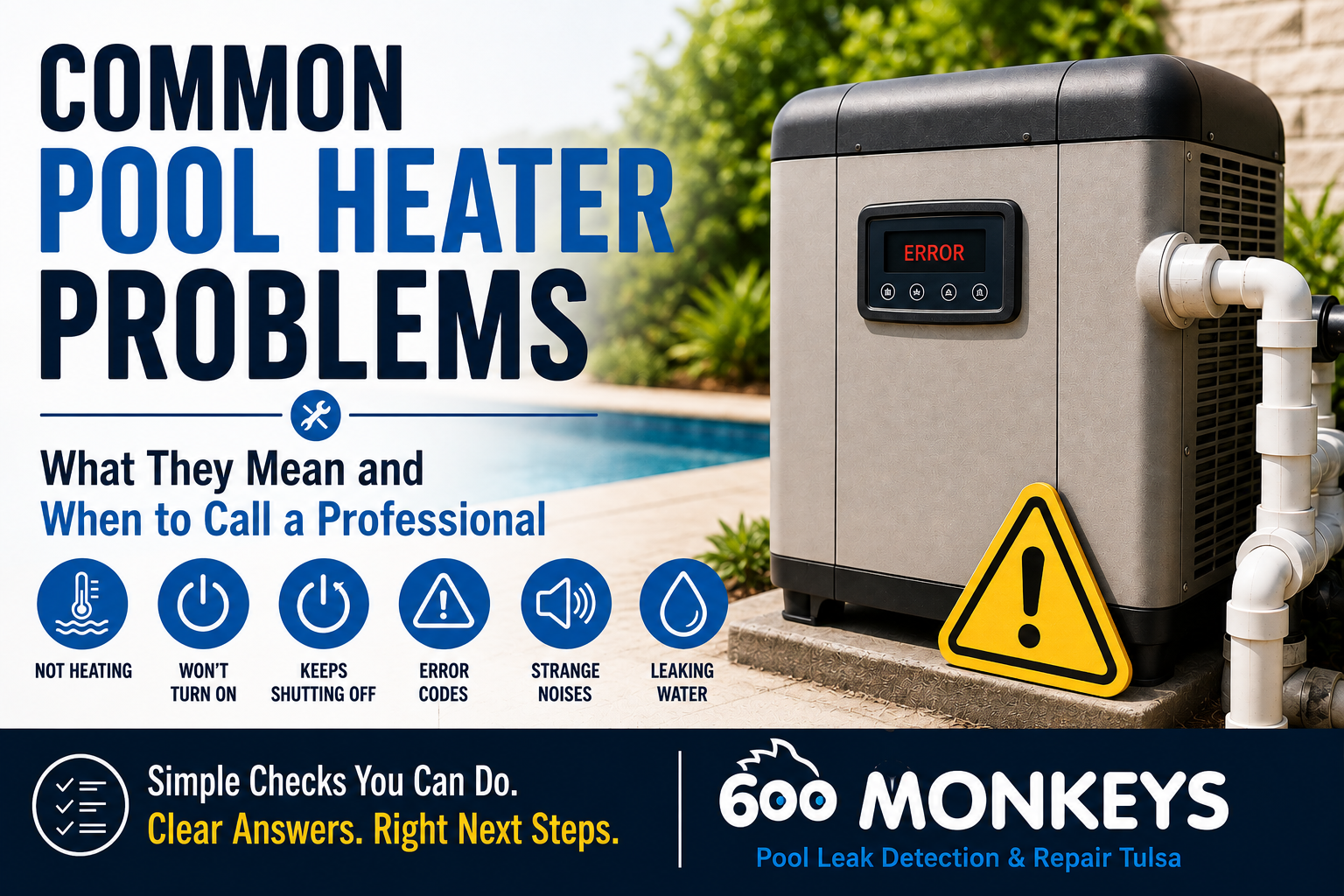Image Alt Text: Common pool heater problems and repair warning signs